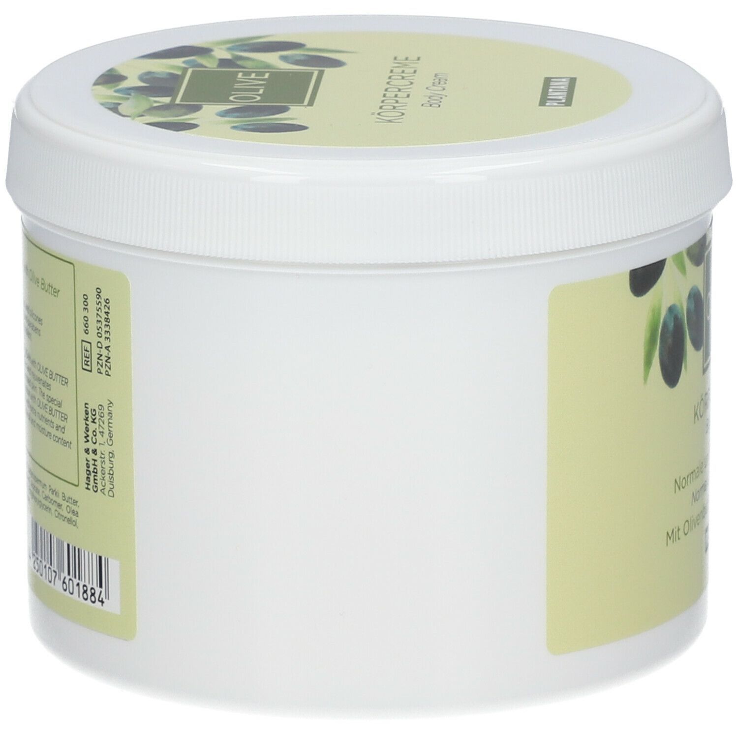 Weißer Tiegel mit Deckel. Aufkleber mit Text: OLIVE Körpercreme, PLANTANA. Oliven-Illustrationen. Rückseite mit Text und Barcode.