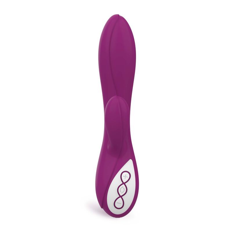 Lila Vibrator mit geschwungener Form und weißem Bedienfeld mit Symbolen.