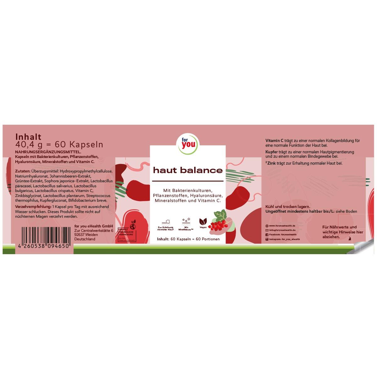 Produktverpackung mit Text: "for you haut balance". Angaben zu Inhaltsstoffen und Nährwerten.