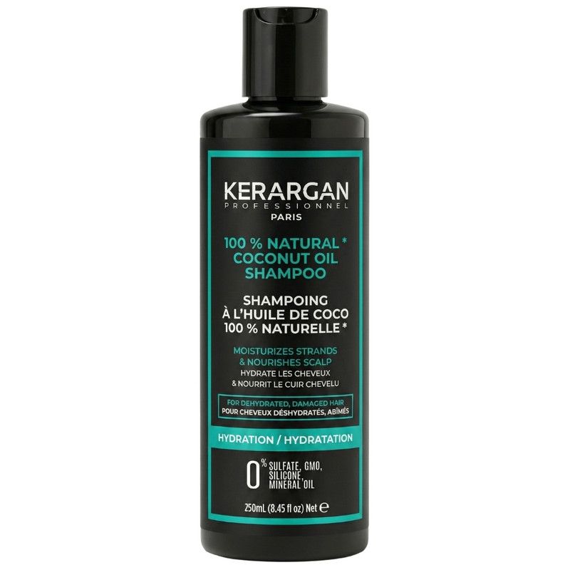 Schwarze Shampoo-Flasche mit schwarzem Deckel. Aufschrift: Kerargan, 100% Natural Coconut Oil Shampoo. 250ml.