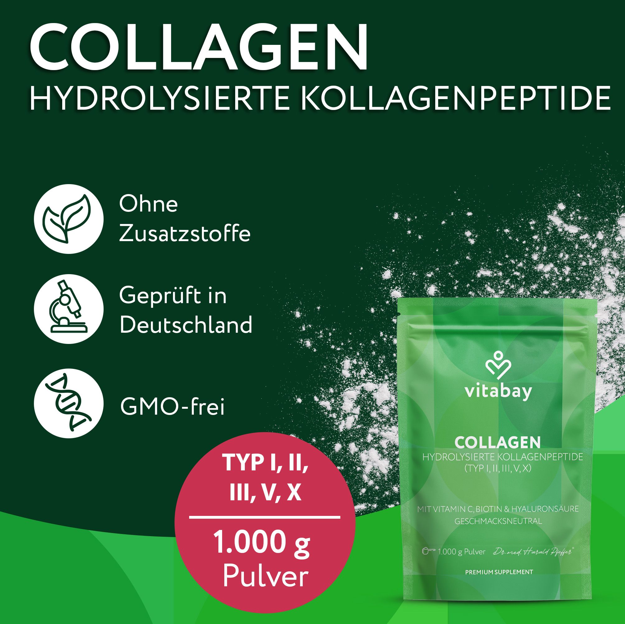 Grüne Tüte mit Vitabay Collagen. Text: Collagen, Hydrolysiertes Kollagenpeptide, Typ I, II, III, V, X. 1.000 g Pulver. GMO-frei.