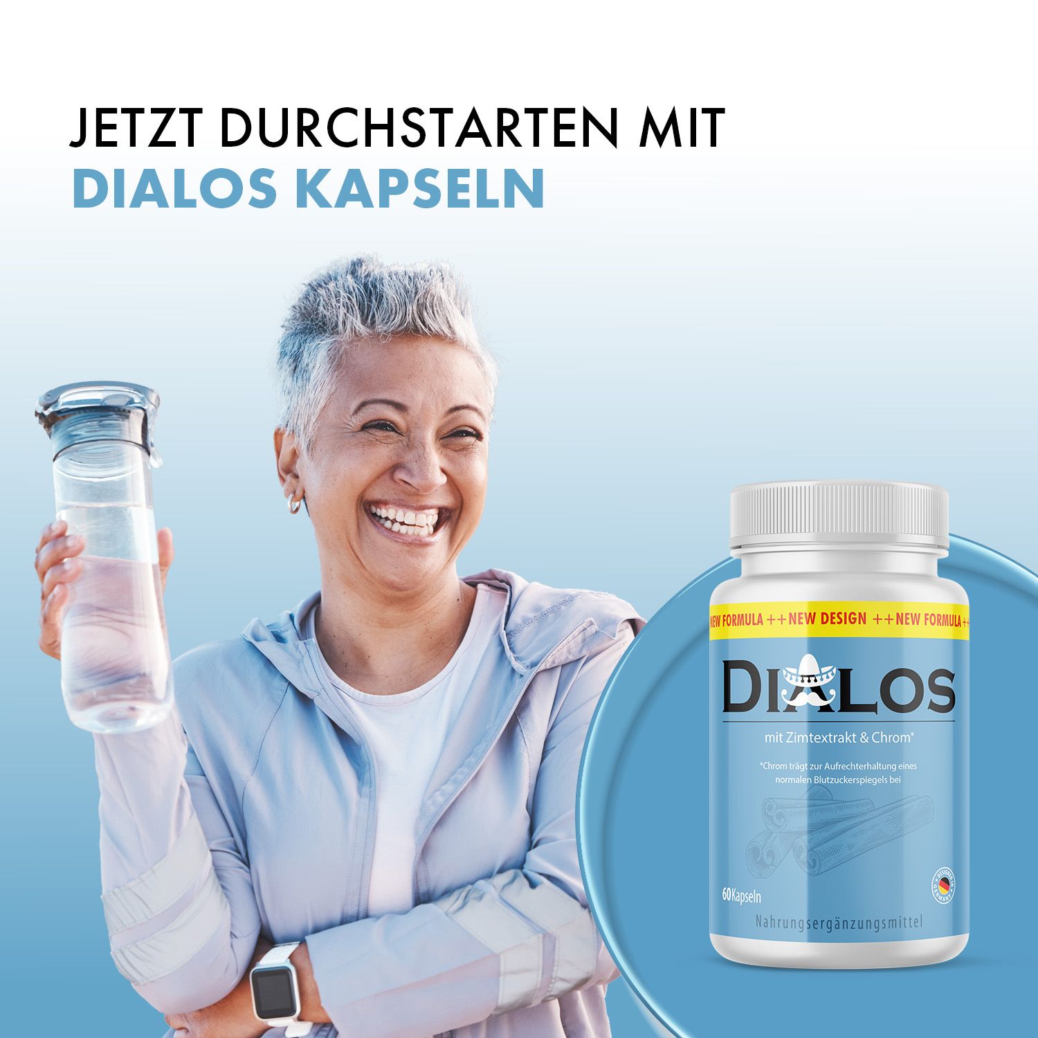 Frau mit Flasche und Wasser. Aufschrift: Dialos mit Zimtextrakt & Chrom. 60 Kapseln. Nahrungsergänzungsmittel. Mit Deutschland-Flagge. Blaue Flasche, weiße Kappe.