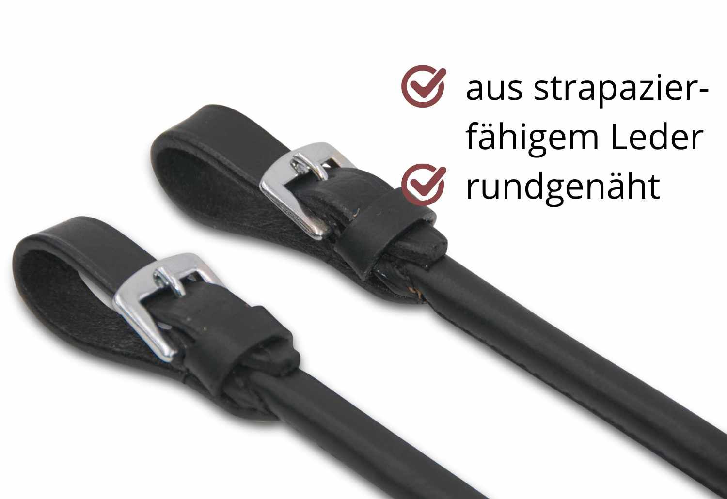 Zwei schwarze Lederriemen mit silberfarbenen Schnallen. Text: aus strapazierfähigem Leder, rundgenäht.