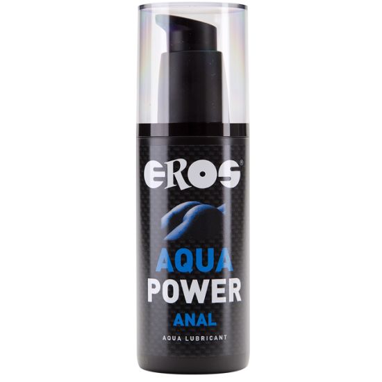 Eros Aqua Power Anal Gleitgel in schwarzer Pumpflasche mit klarem Deckel.
