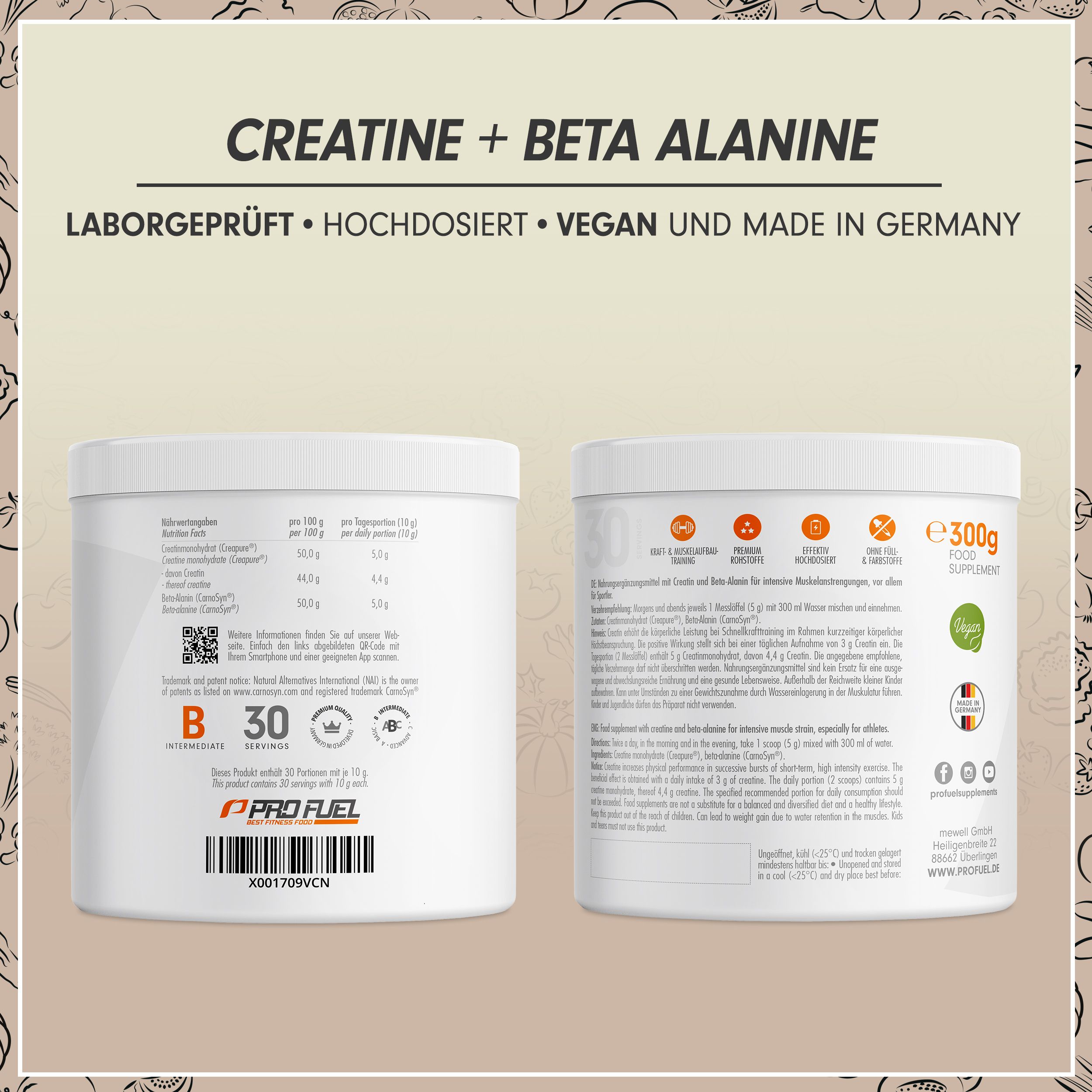 Zwei Seiten eines weißen Behälters. Aufschrift 'Creatine + Beta Alanine'. Enthält 300g, vegan. Rückseite: Nährwertangaben, Inhaltsstoffe, Herkunft.
