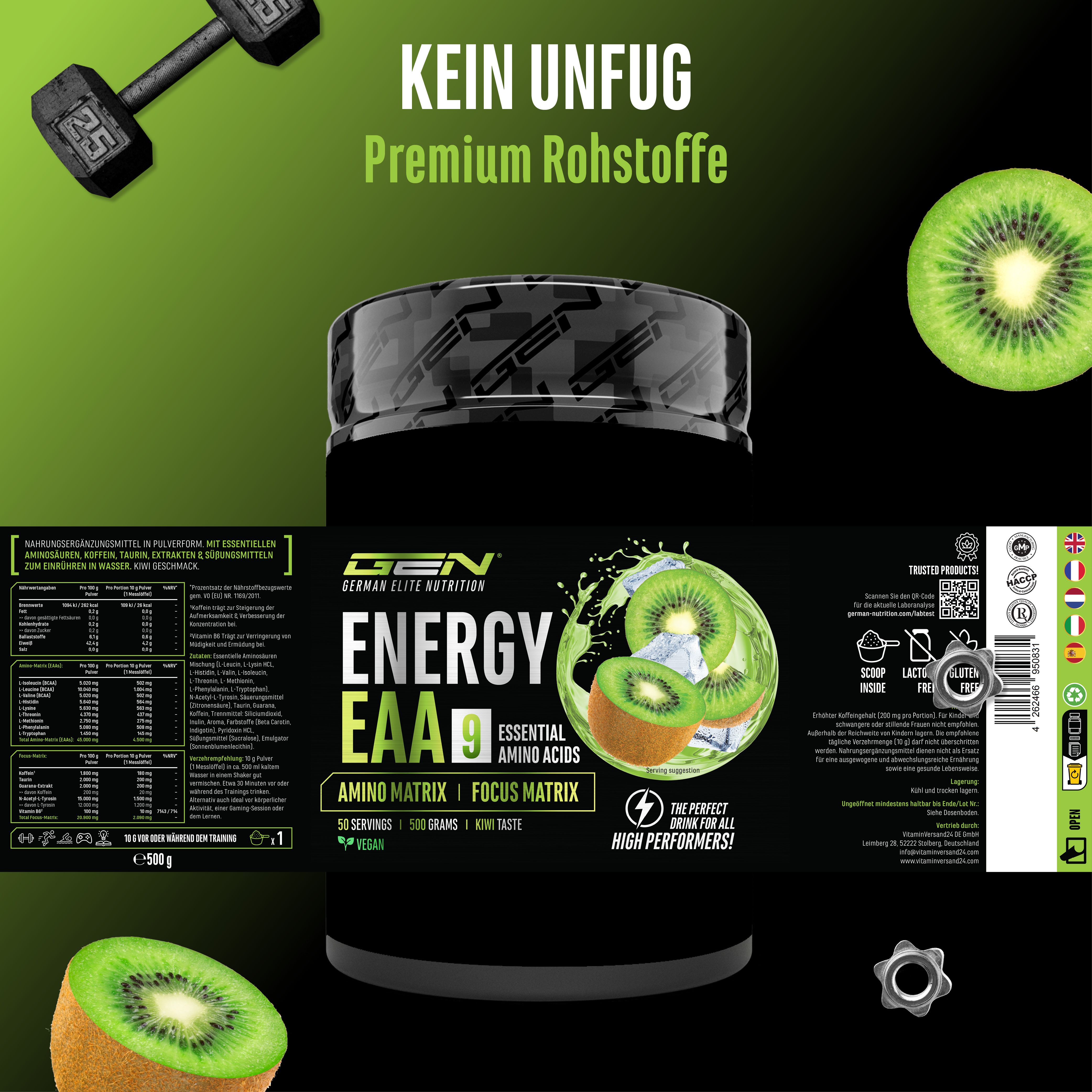 Dose mit GEN Energy EAA 9. Aufschrift: Energy EAA 9, Essential Amino Acids, Kiwi Taste. Vegan. Mit Nährwertangaben und Zertifizierungen.