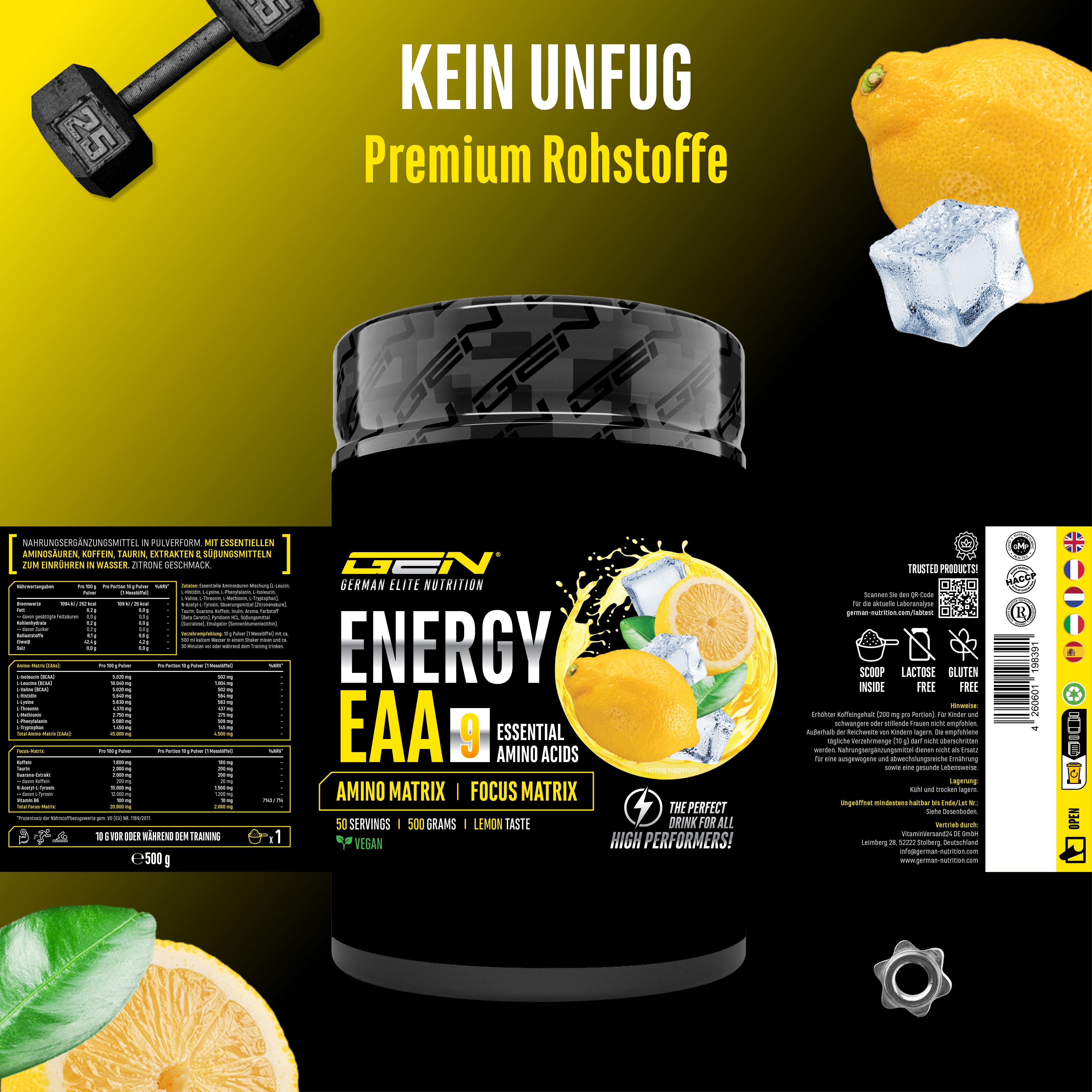 Produktbild von Energy EAA. Dose mit Text: Energy EAA, Aminosäuren, 50 Portionen, 500 Gramm, Zitronengeschmack. Premium Rohstoffe.