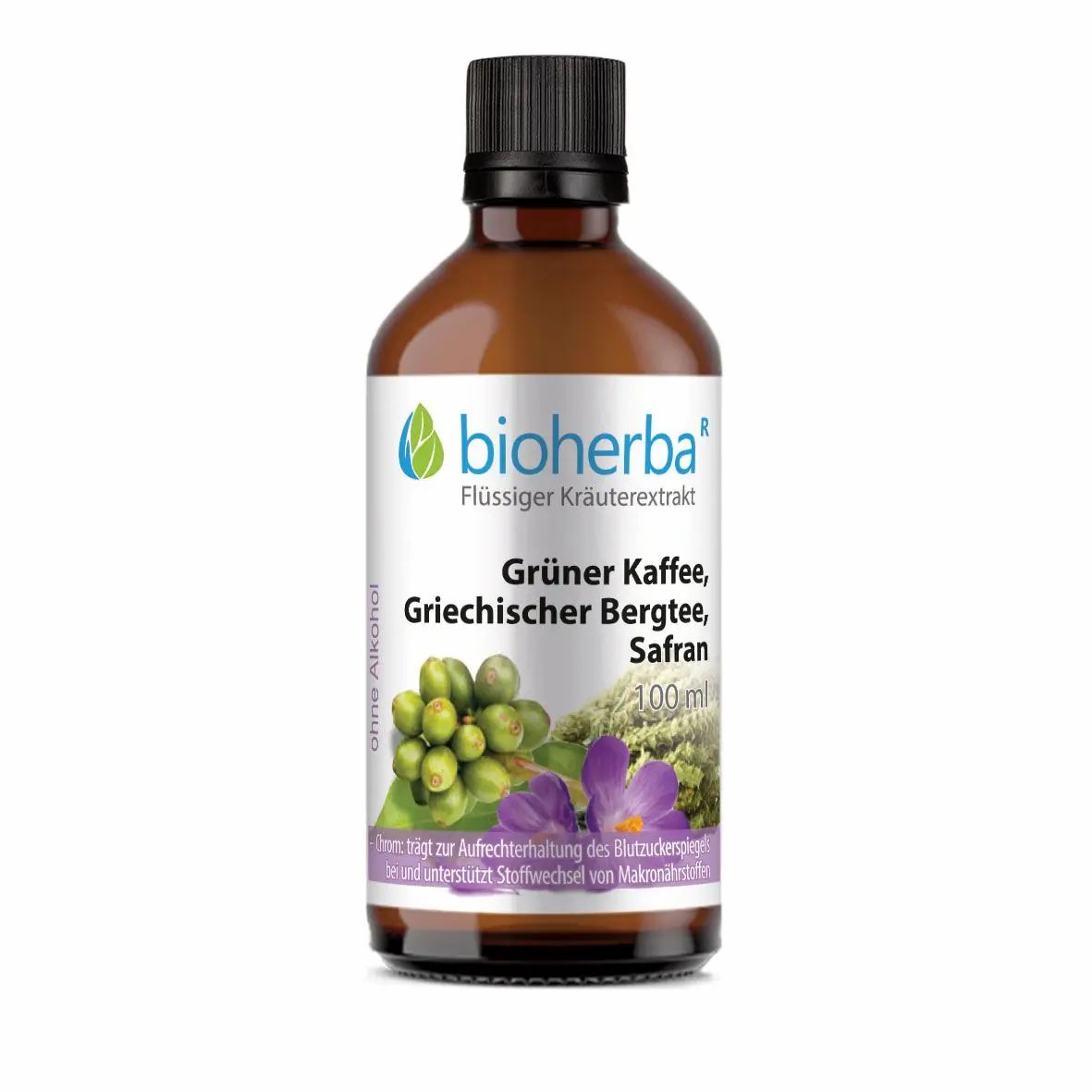 Braune Glasflasche mit schwarzem Deckel. Etikett mit Produktnamen: Grüner Kaffee, Griechischer Bergtee, Safran. 100 ml.