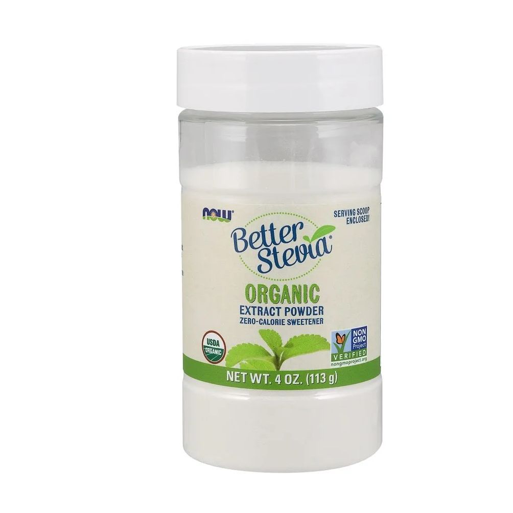 Zylinderförmige Dose mit weißem Deckel. Aufschrift: Better Stevia, Organic Extract Powder. Netto 4 oz (113 g).