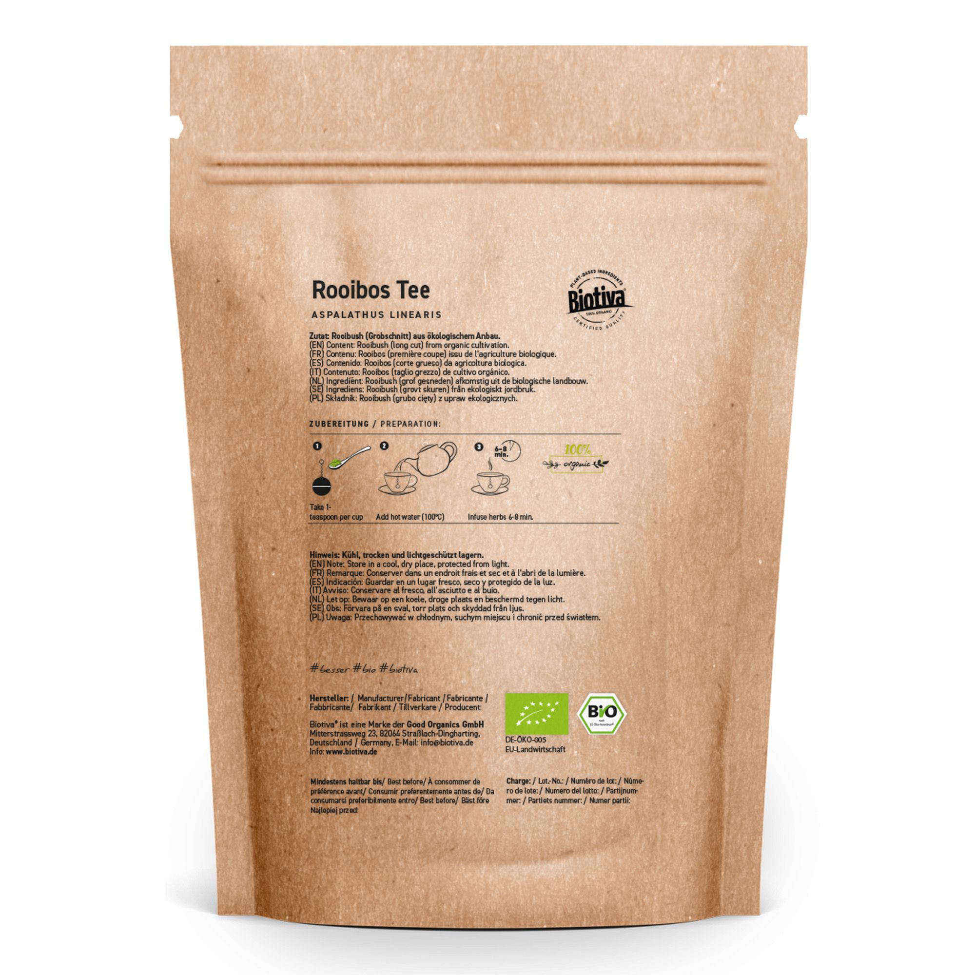 Rückseite der Biotiva Rooibos Tee Bio Verpackung. Text und Zubereitungshinweise. Bio-Siegel.