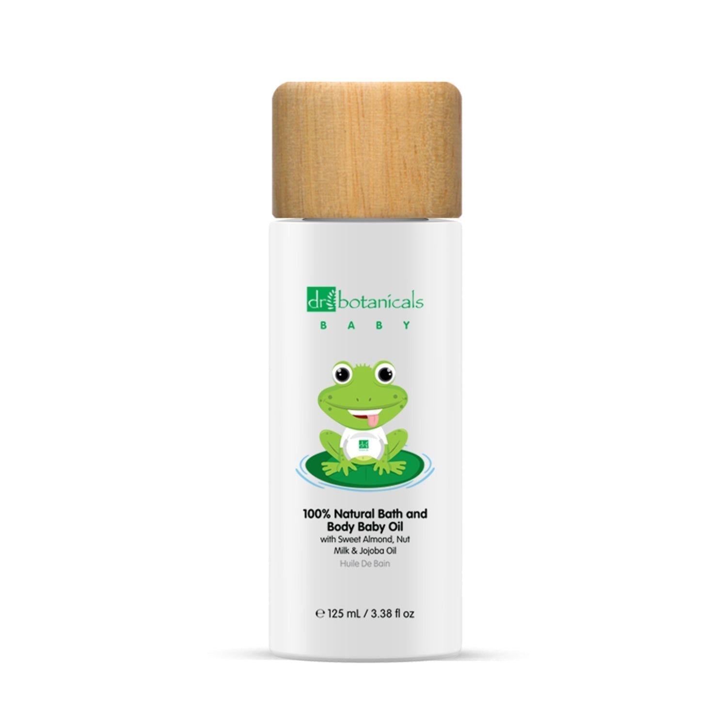 Weiße Flasche mit Holzdeckel. Etikett mit Frosch-Illustration und Text: 100% Natural Bath and Body Baby Oil.