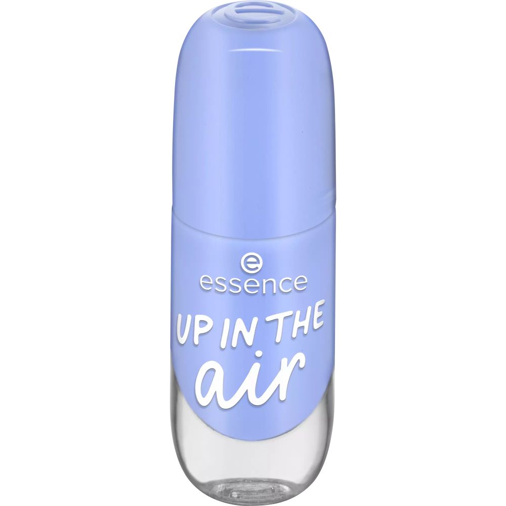 Nagellackflasche, geschlossen. Hellblauer Lack, transparente Flasche. Aufschrift: Essence, UP IN THE AIR.