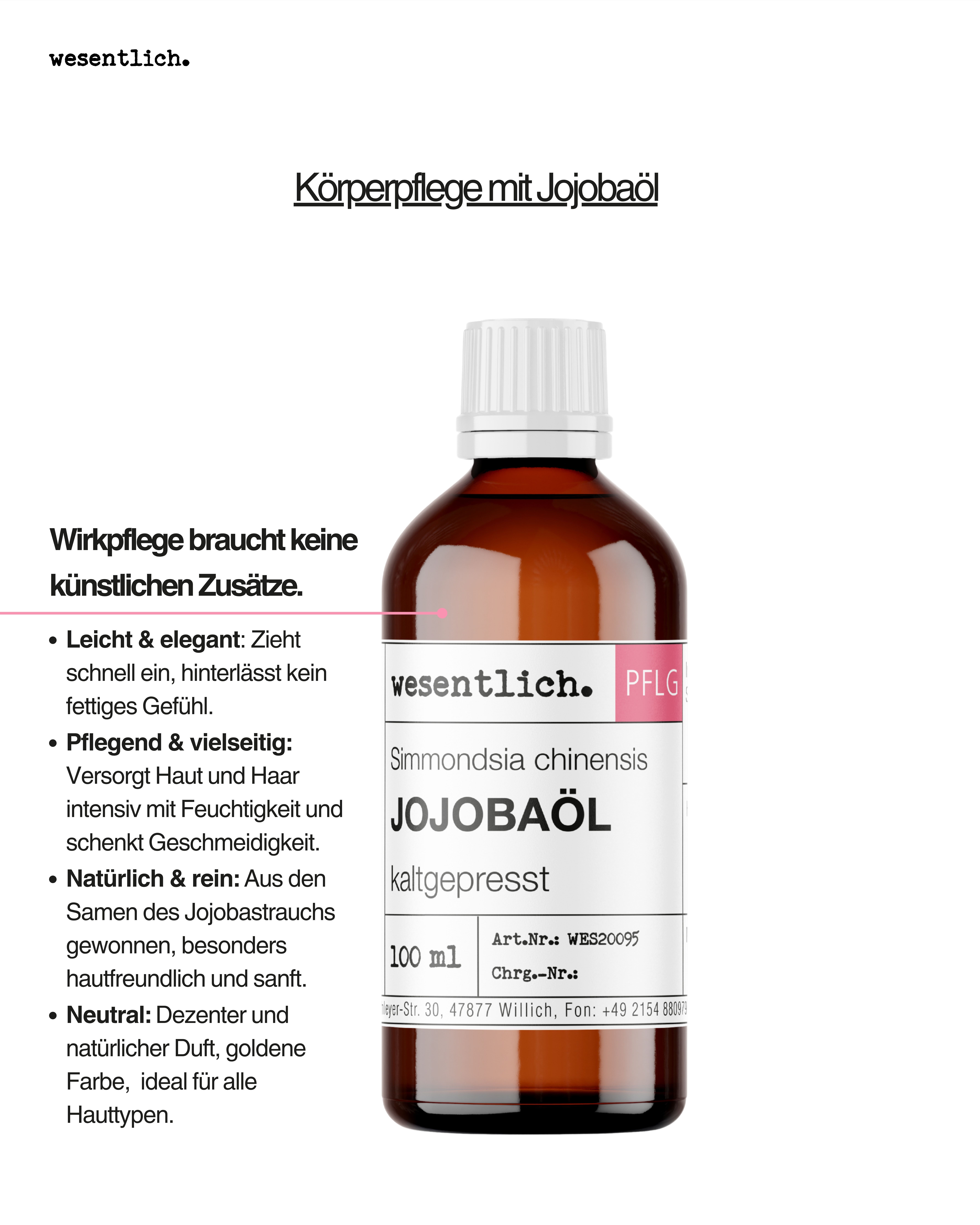 Flasche Jojobaöl neben Text über Körperpflege und zwei Nahaufnahmen von Hautpartien (Gesicht, Nacken).