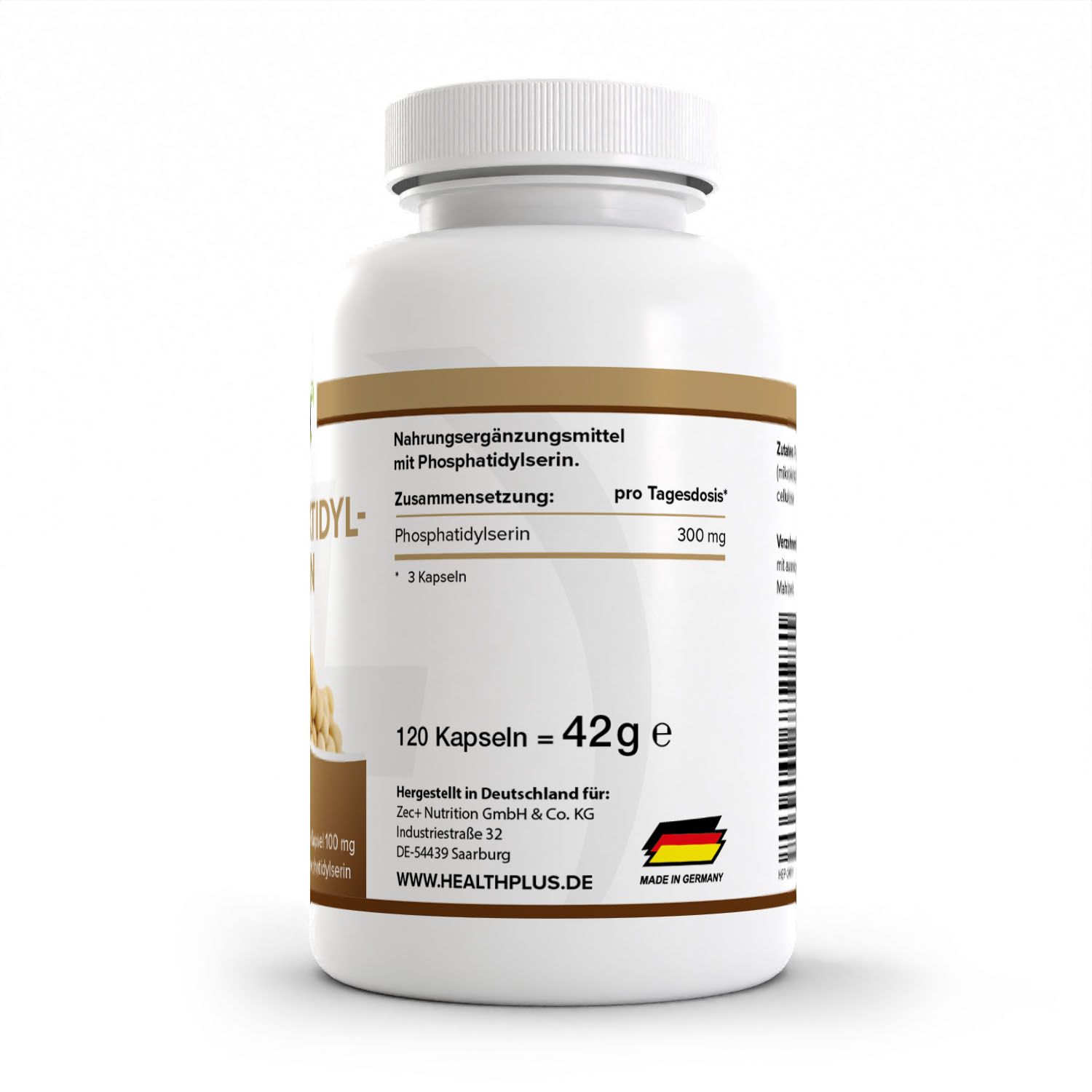 Rückseite des HEALTH+ Phosphatidylserin Behälters: Enthält 120 Kapseln, hergestellt in Deutschland, mit Dosierungsangaben.