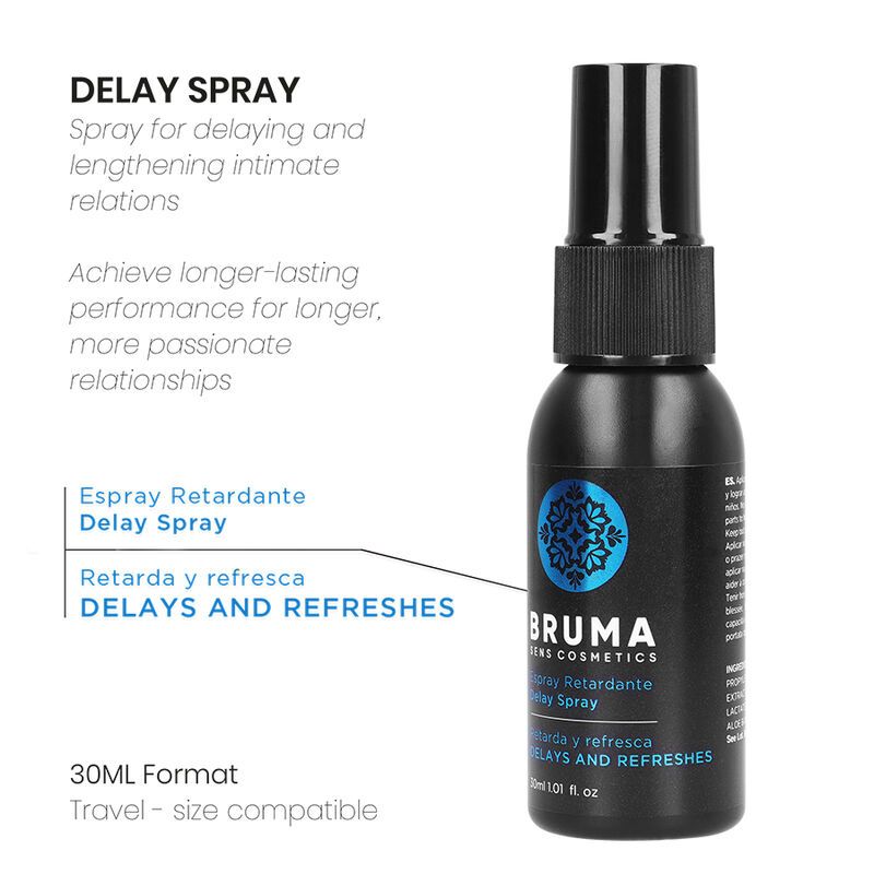 Schwarze Sprühflasche mit Produktname Bruma. Text: Delay Spray, 30ml Format. Aufschrift: Retarda y refresca, Delays and refreshes.