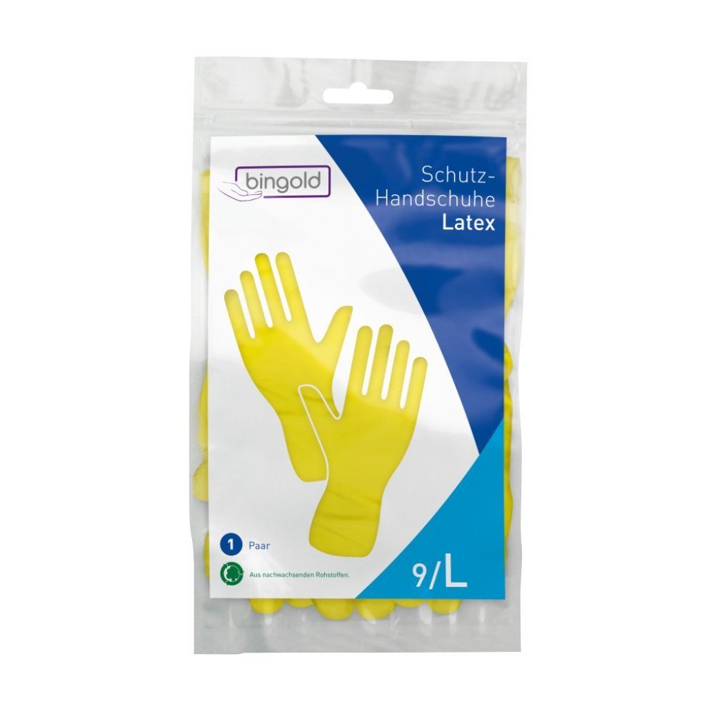 Gelbe Latex-Schutzhandschuhe in Folienverpackung. Marke bingold. Größe 9/L. Ein Paar Handschuhe.