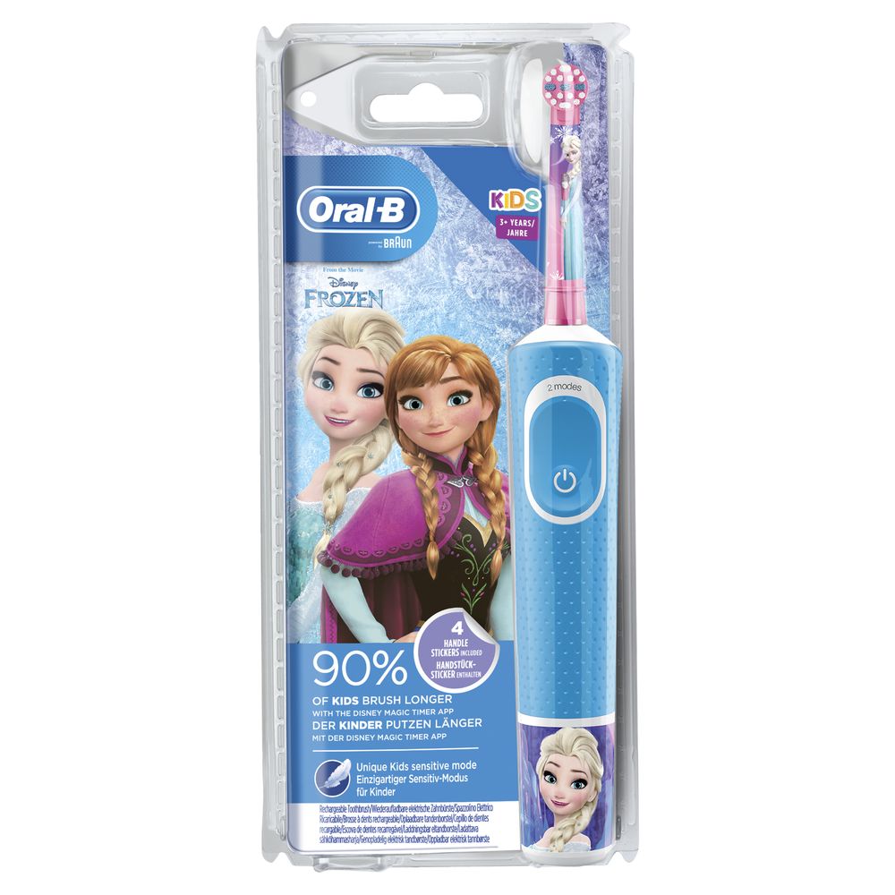 Verpackung der elektrischen Zahnbürste mit Frozen-Motiv. Enthält Zahnbürste, Text: 90% OF KIDS BRUSH LONGER.