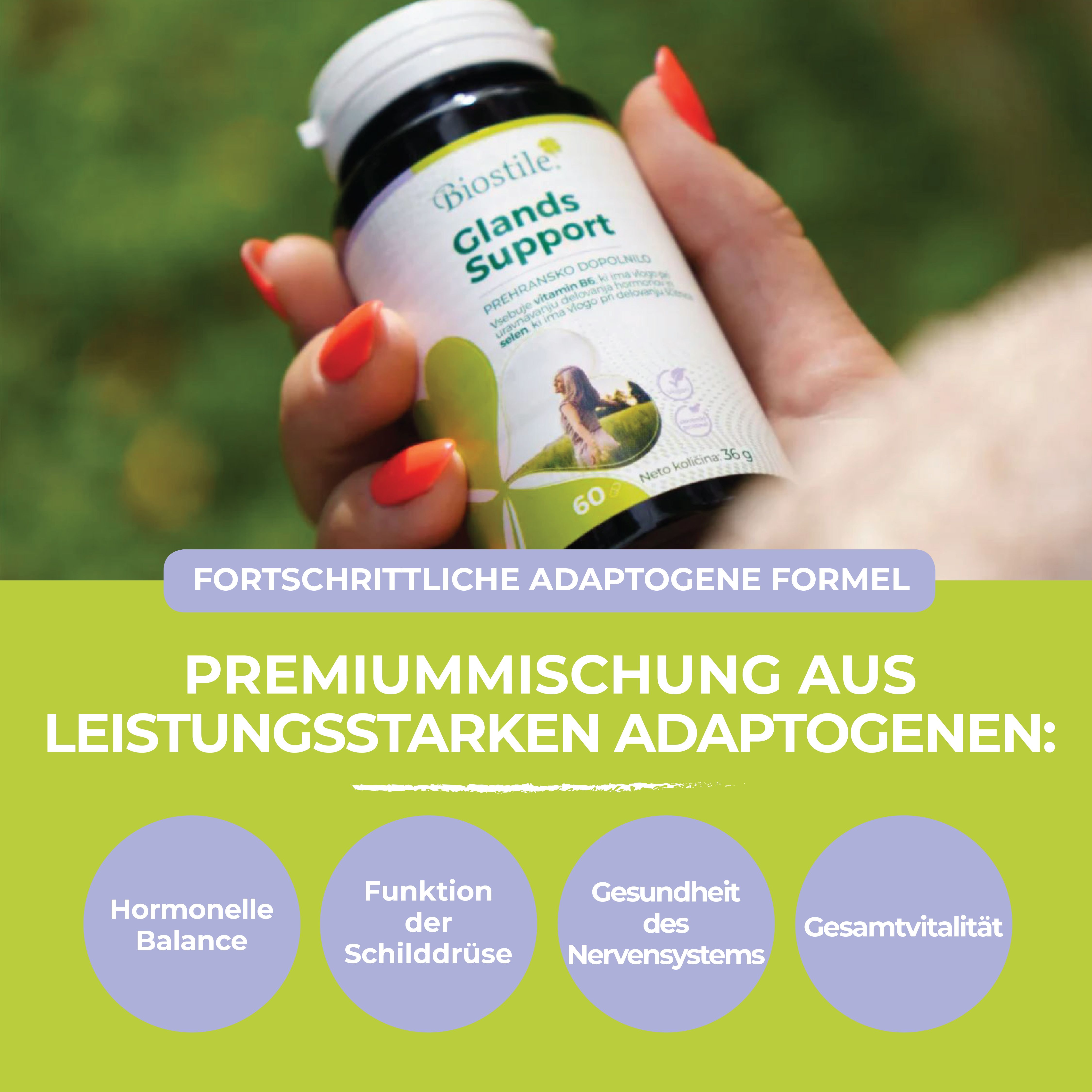 Hand hält Biostile Glands Support Flasche. Text: Fortschrittliche Adaptogene Formel.