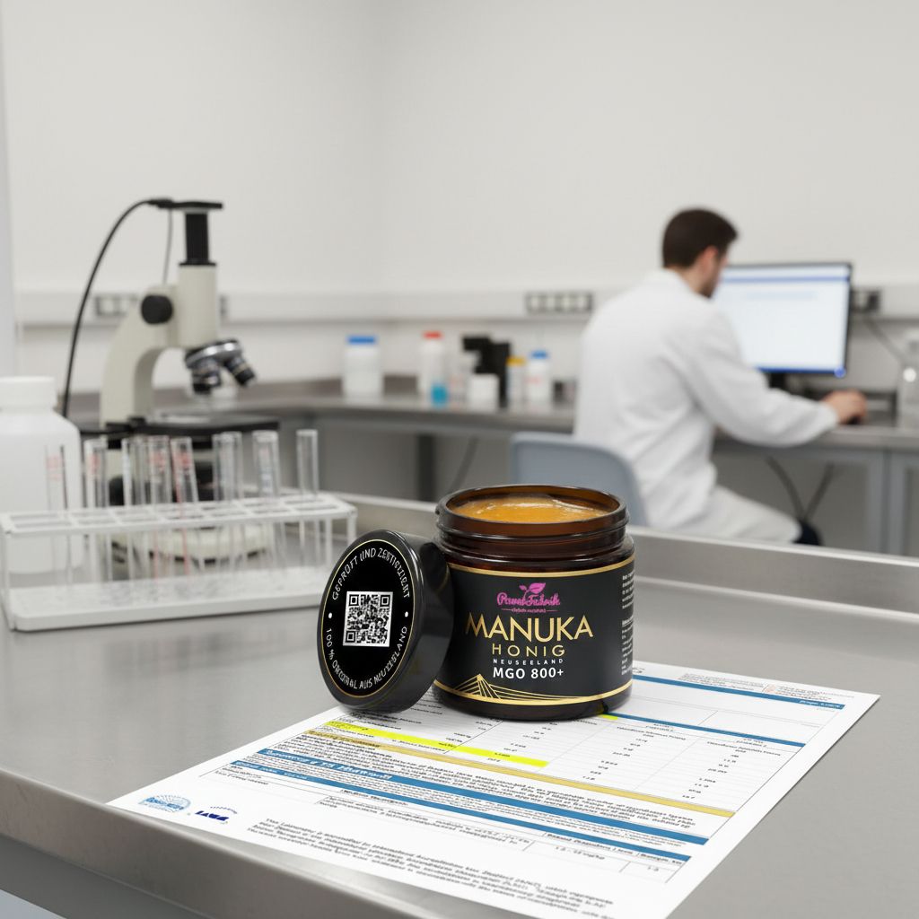 Glas Manuka Honig mit Deckel und QR-Code. Aufschrift: Manuka Honig MGO 800+. Im Hintergrund Labor.