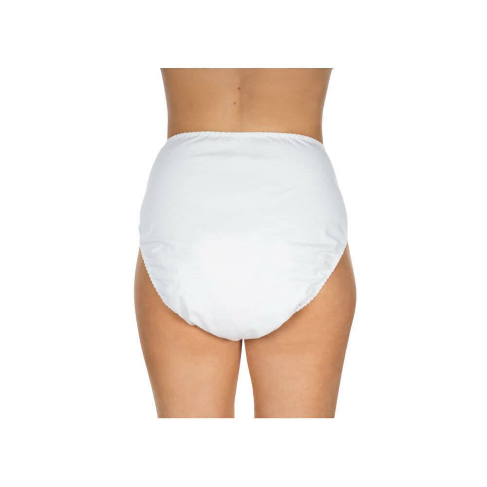 Weiße Windelhose. Rückansicht, getragen von einer Person.