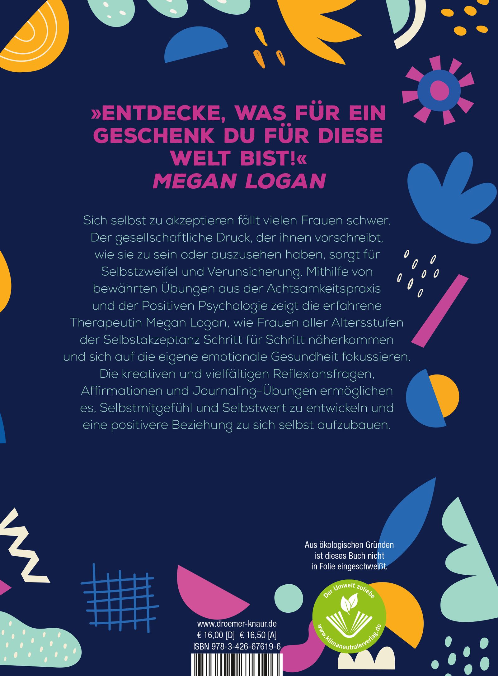 Buchrückseite: Text über das Workbook. Autorin: Megan Logan. Blauer Hintergrund mit bunten Formen. Logo für ökologischen Druck.