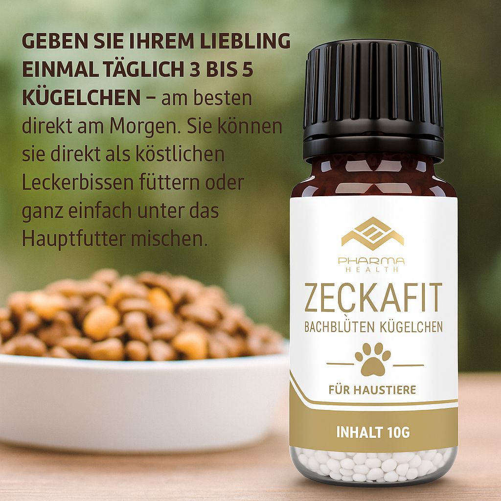 Braune Glasflasche mit schwarzem Deckel. Etikett mit "ZECKAFIT", "Bachblüten Kügelchen", Pfoten-Symbol und "FÜR HAUSTIERE". Schüssel mit Futter.