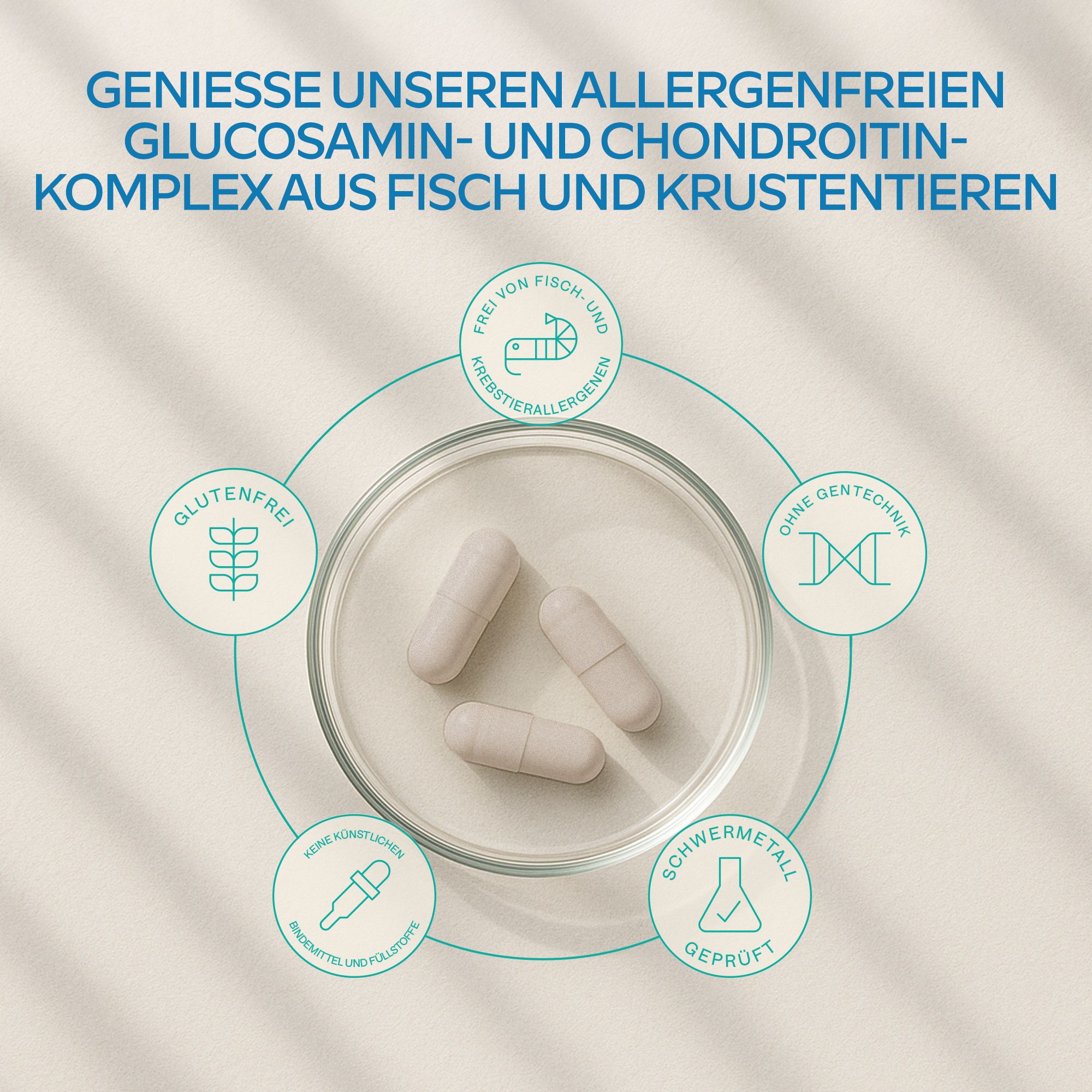 Glucosamin-Kapseln in einer Petrischale mit Symbolen.