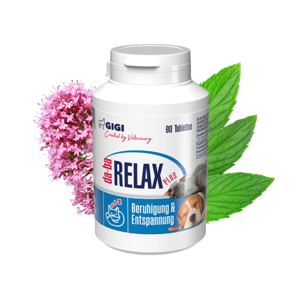 Weiße Flasche mit Tabletten. Aufschrift: da-ba RELAX Plus. Logo: GIGI VET. Mit Illustrationen von Katze und Hund. 90 Tabletten.