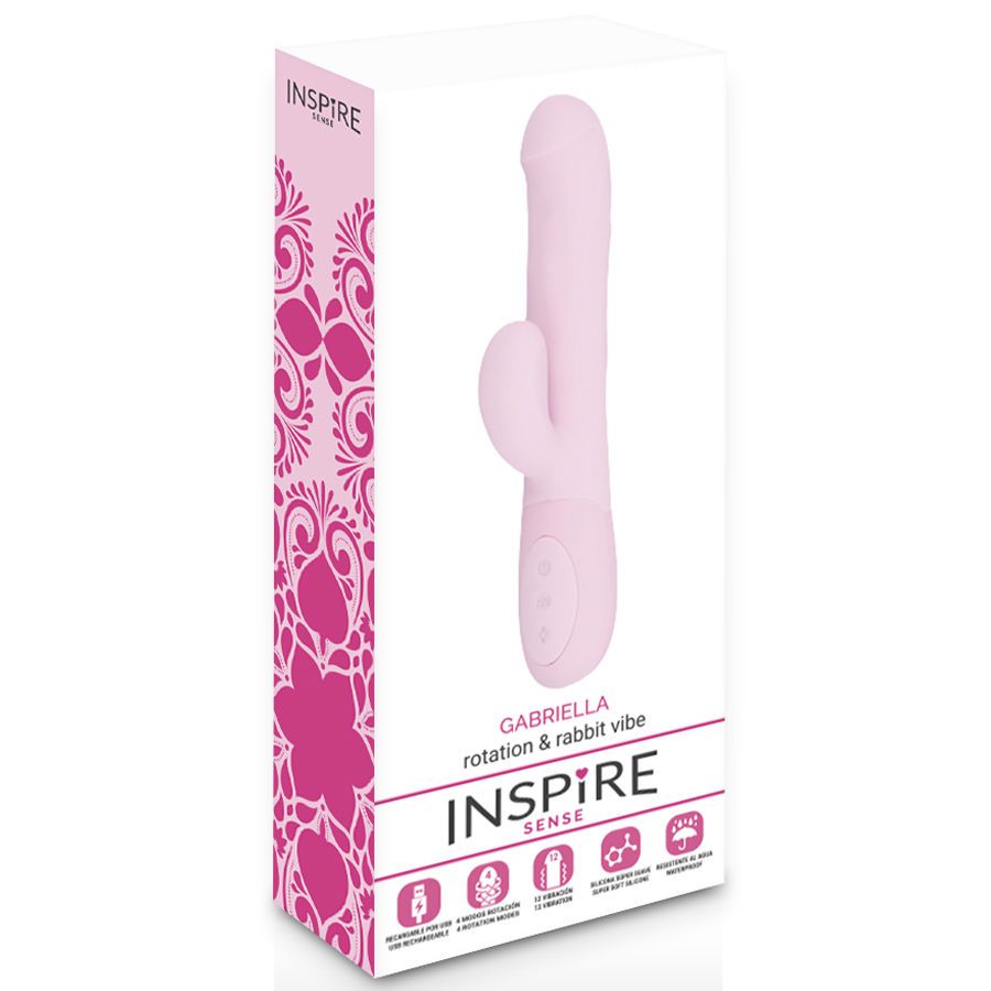 Verpackung mit rosa Vibrator. Auf der Verpackung steht "Gabriella rotation & rabbit vibe" und "INSPIRE SENSE".