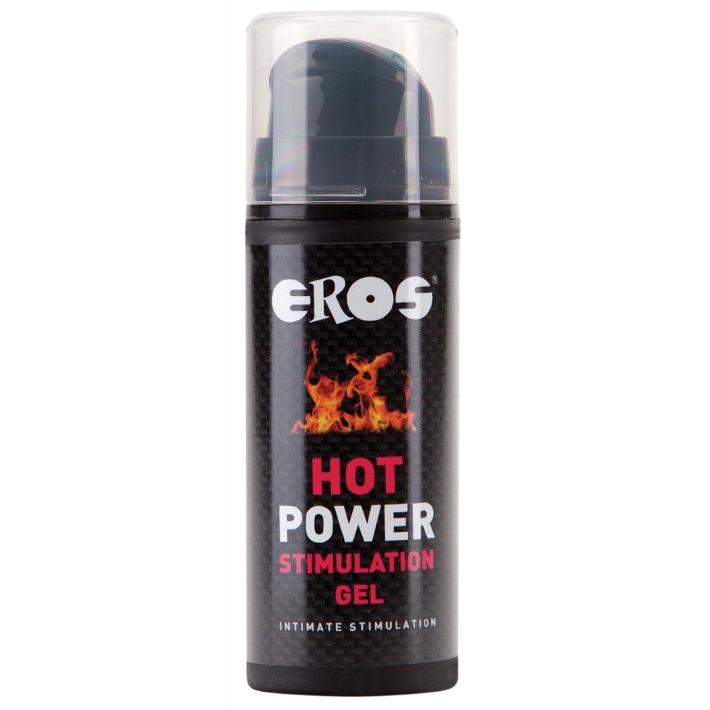 Schwarze Flasche mit Dosierpumpe. Aufschrift: EROS, HOT POWER STIMULATION GEL, Intimate Stimulation. Flammen-Grafik.