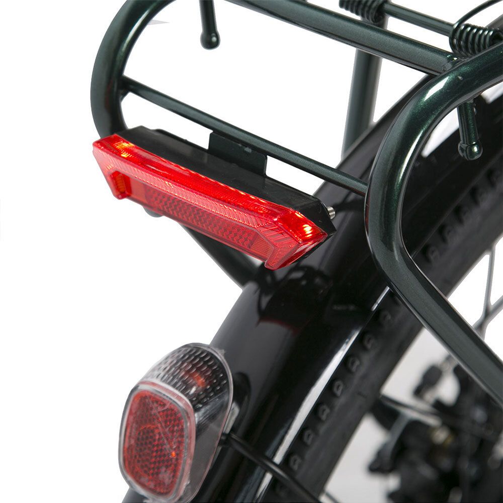 Rücklicht am Gepäckträger. Rotes Licht. Schwarzes Gehäuse. Reflektor. Grün lackierter Rahmen.