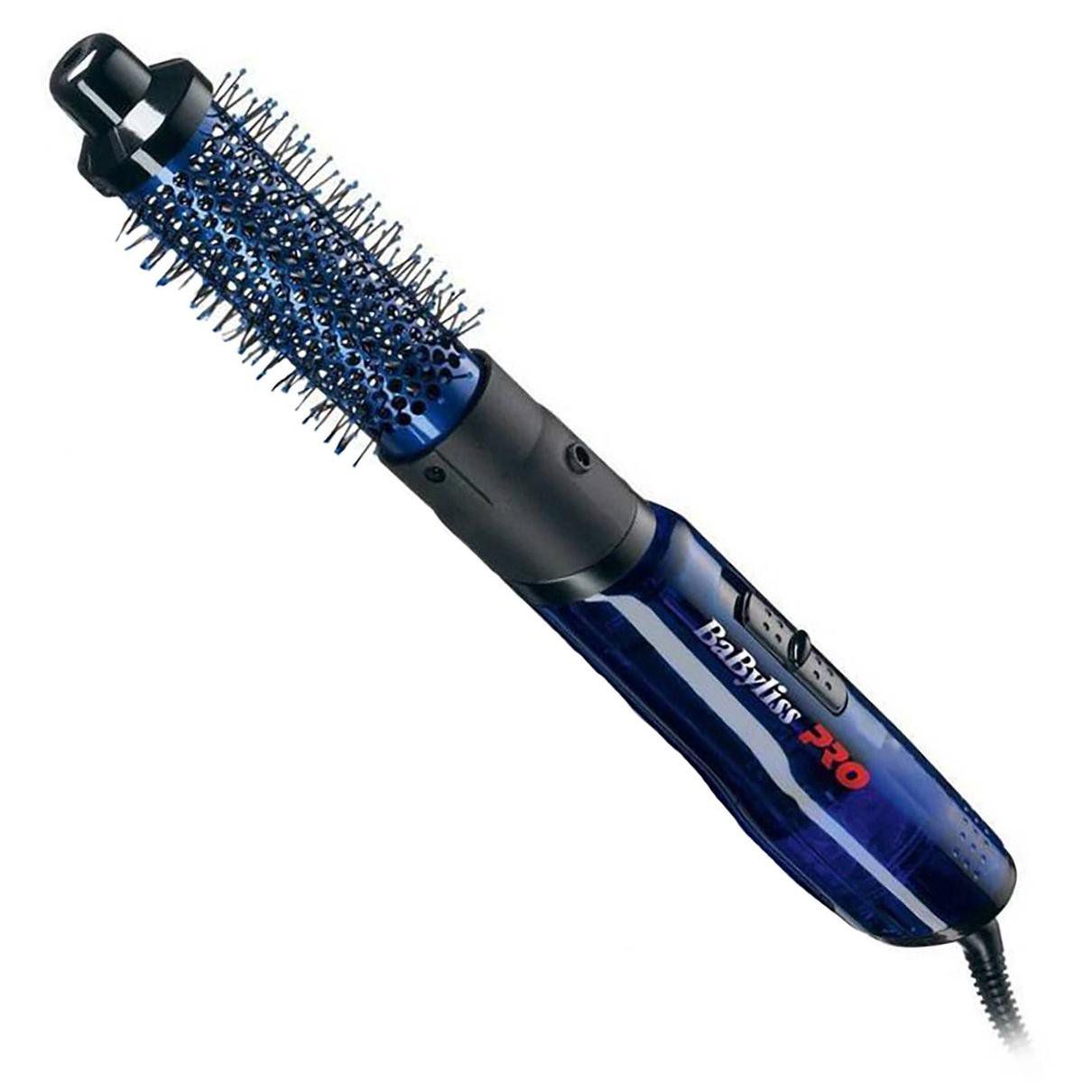 Elektrischer Lockenstab mit blauem Gehäuse und schwarzer Bürste. Marke BaByliss PRO.