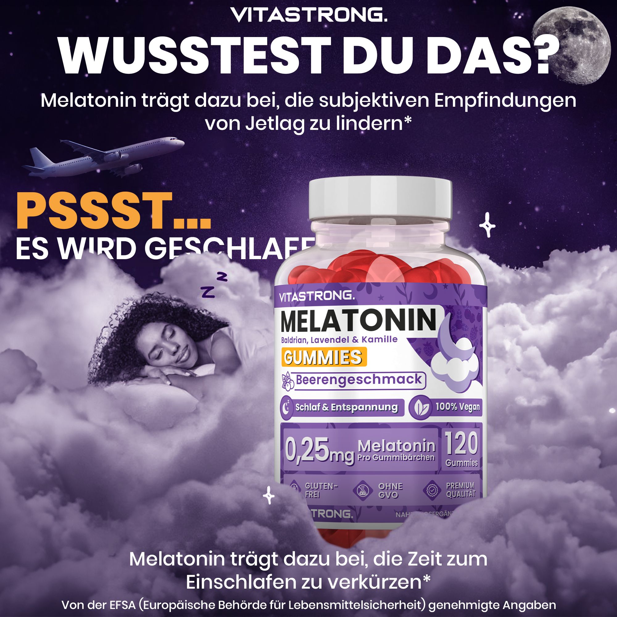 Vitastrong Melatonin Gummies. Flasche mit Gummibärchen. Text: Melatonin Gummies, 120 Stück, 0,25mg Melatonin. Hintergrund: Flugzeug, Wolken.