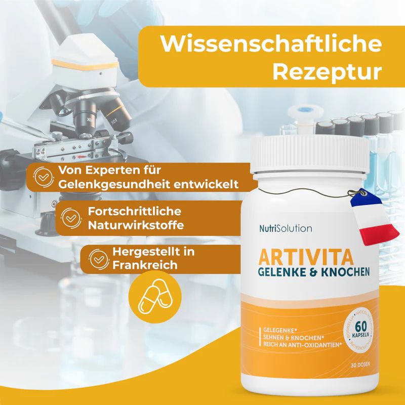 Flasche Artivita Gelenke & Knochen neben Text und französischer Flagge. Text: Von Experten entwickelt, hergestellt in Frankreich. 60 Kapseln.