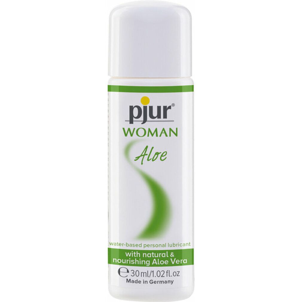 Weiße Flasche mit grünem Etikett. Aufschrift: pjur WOMAN Aloe. Enthält 30ml/1.02 fl.oz. Wasserbasiertes Gleitmittel.