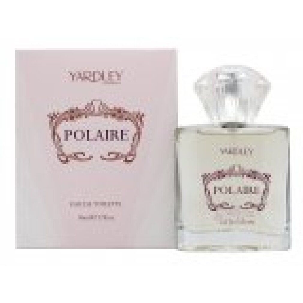 Yardley Polaire Eau de Toilette. Flakon und Verpackung. Rosa-weiße Verpackung mit Produktnamen. Transparenter Flakon mit Kristallverschluss.