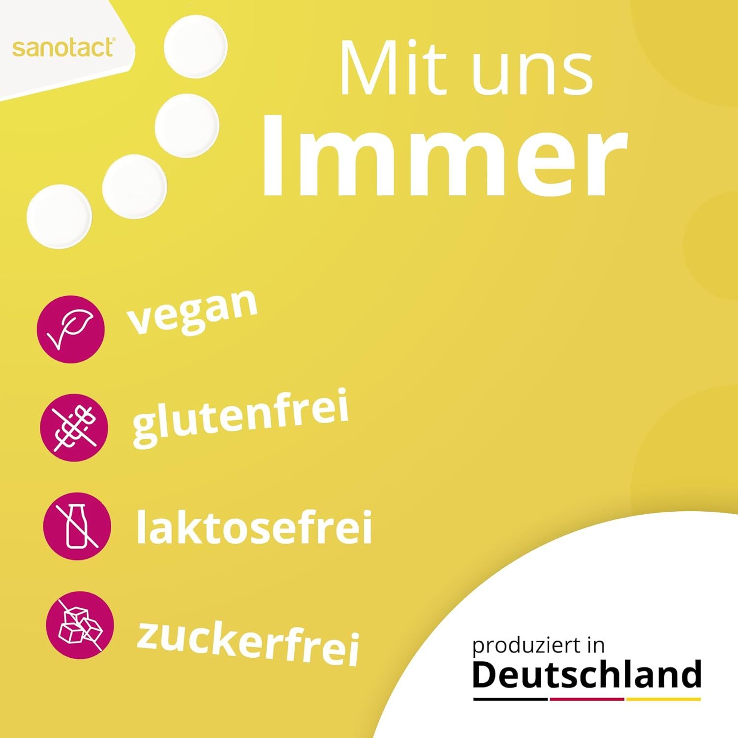 Gelber Hintergrund. Text: vegan, glutenfrei, laktosefrei, zuckerfrei. Produziert in Deutschland.