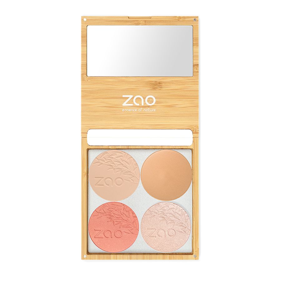 Make-up-Palette aus Bambus mit Spiegel, Puder und Lidschatten. Marke ZAO.