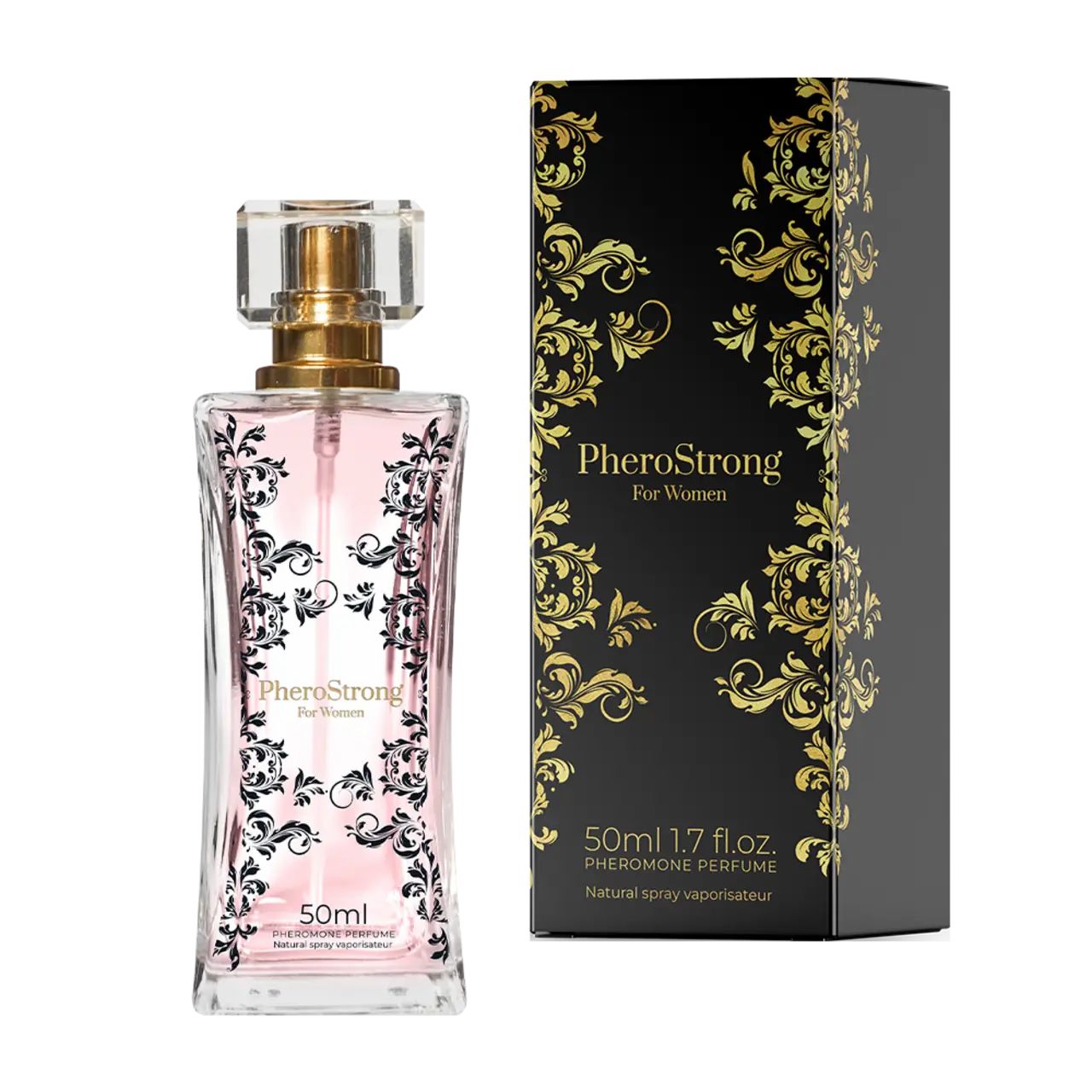 Glasflakon und schwarzer Karton. Flakon mit rosa Flüssigkeit, goldfarbenem Verschluss. Text: PheroStrong, 50ml. Karton mit goldenen Ornamenten.
