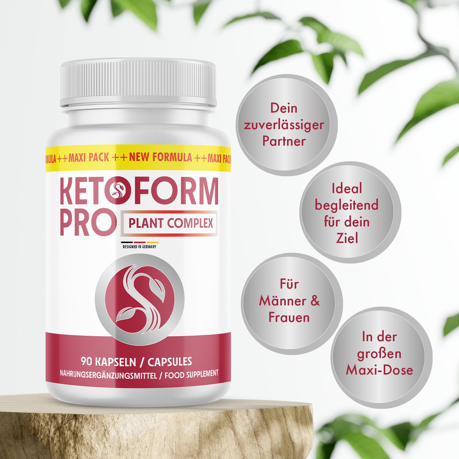 Weiße Flasche mit rotem Etikett. Aufschrift: Ketoform Pro, Plant Complex, 90 Kapseln. Kreisförmige Textfelder: Dein zuverlässiger Partner, Ideal begleitend.