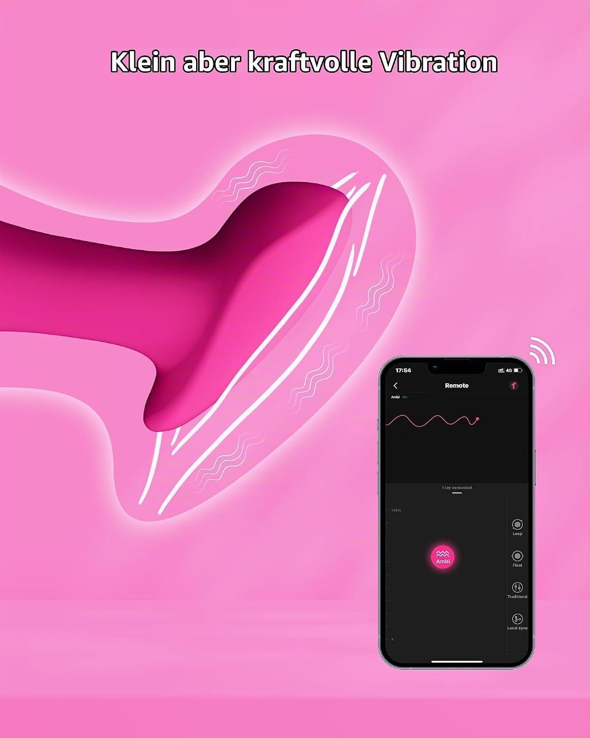 Ein Smartphone zeigt eine Vibrator-App mit Wellenformen und Steuerelementen an.