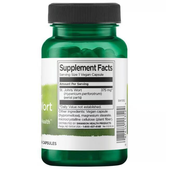 Rückseite der grünen Flasche. Aufschrift: Supplement Facts, Johanniskraut 375 mg, vegane Kapsel.