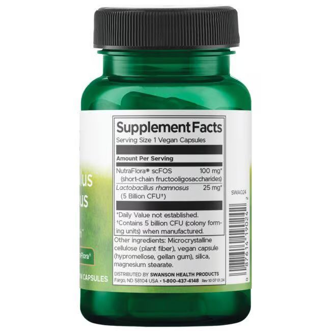 Rückseite einer grünen Flasche mit Kapseln. Aufschrift: Supplement Facts. Enthält Lactobacillus Rhamnosus, 25 mg.