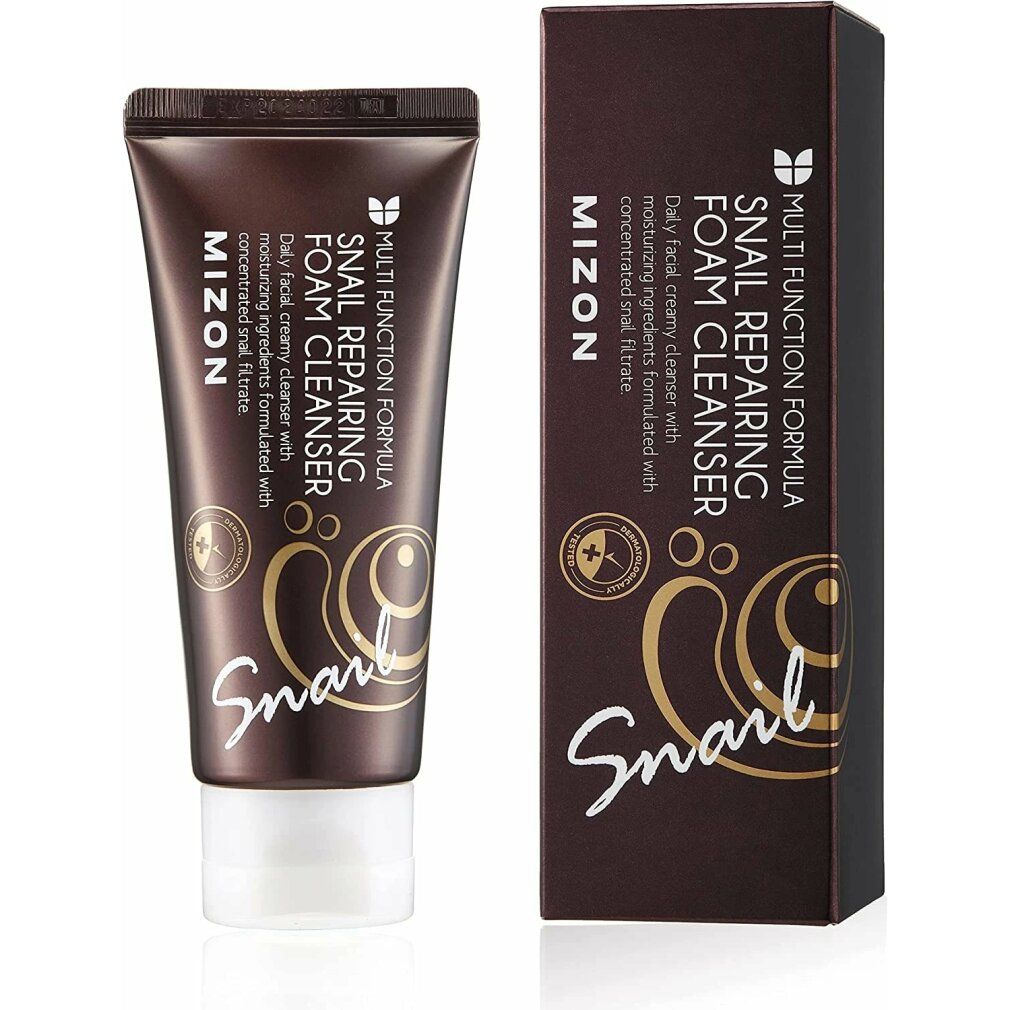 Braune Tube und Schachtel. Aufschrift: MIZON Snail Repairing Foam Cleanser. Text und Schnecken-Illustration. Schwarzer Hintergrund.