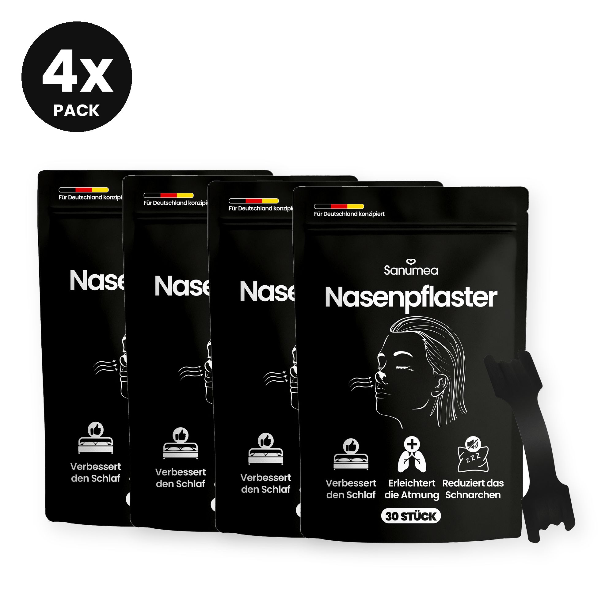 4er Pack Sanimea Nasenpflaster in Schwarz. 30 Stück pro Packung. Erleichtert die Atmung und reduziert Schnarchen.