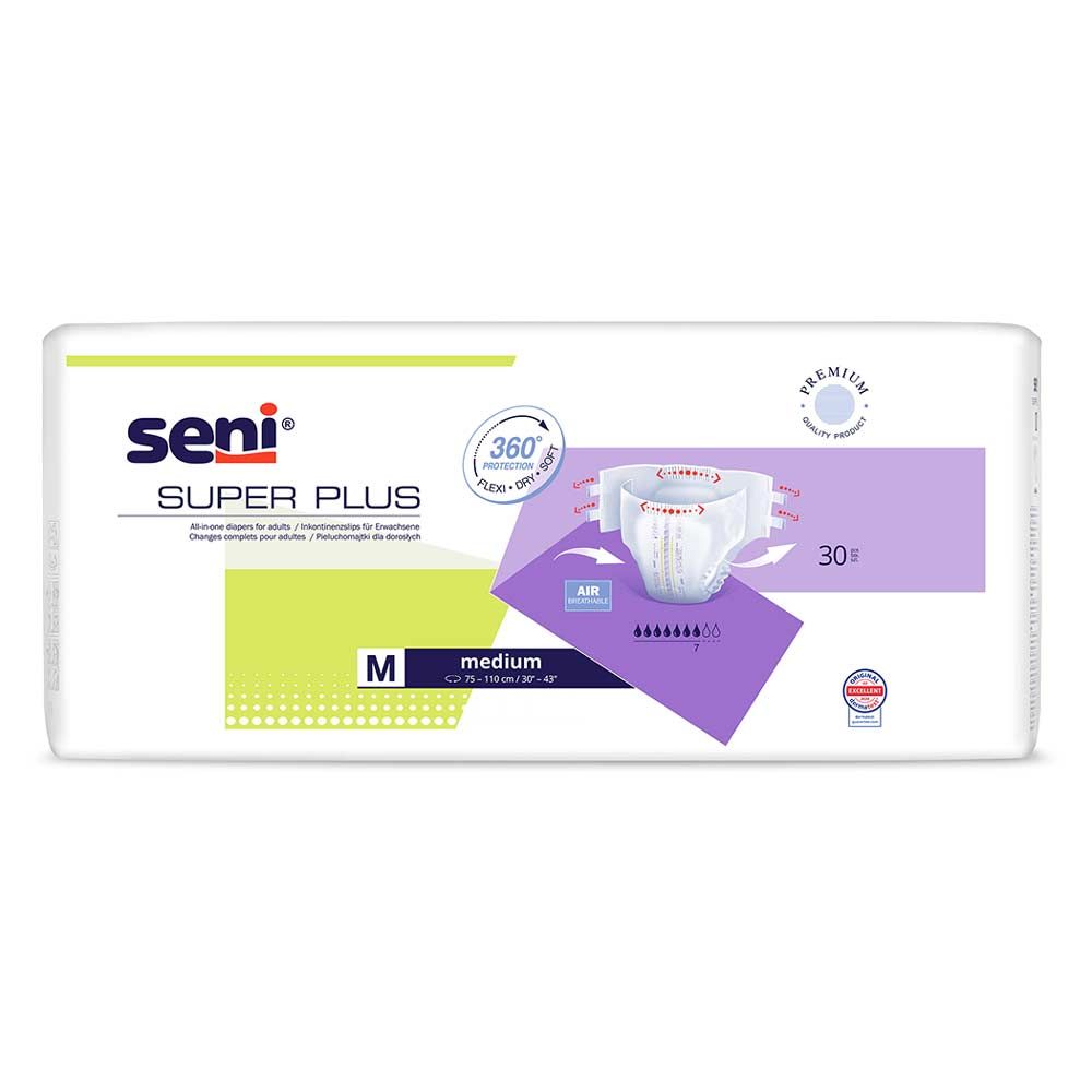 Verpackung Seni Super Plus M. Weiße Packung mit Produktabbildung. Text: Seni, Super Plus, M, medium. 30 Stück.