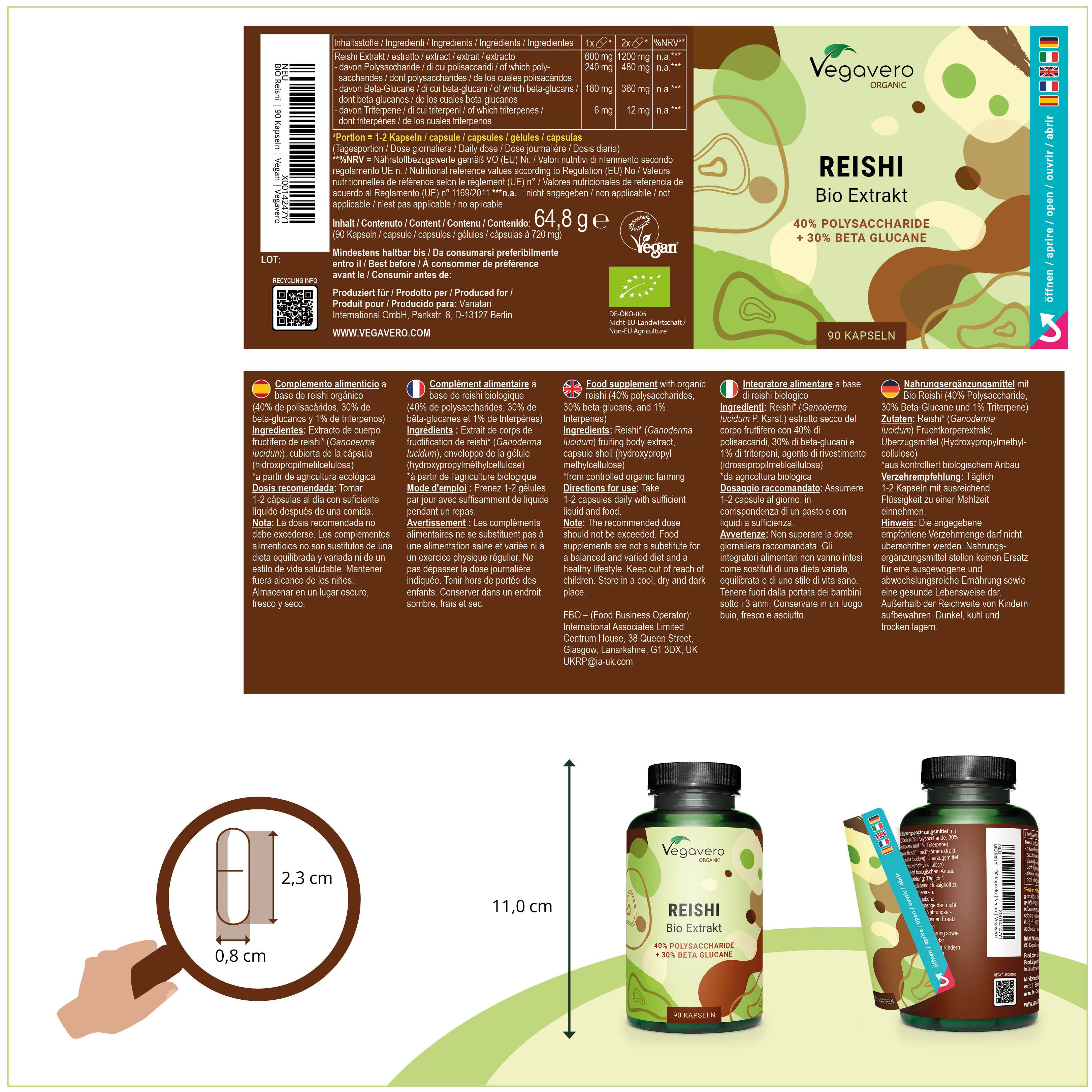 Produktverpackung mit Flasche und Beipackzettel. Flasche: REISHI Bio Extrakt. Beipackzettel mit Inhaltsangaben. Maße: 11,0 cm hoch, 2,3 cm breit, 0,8 cm tief.
