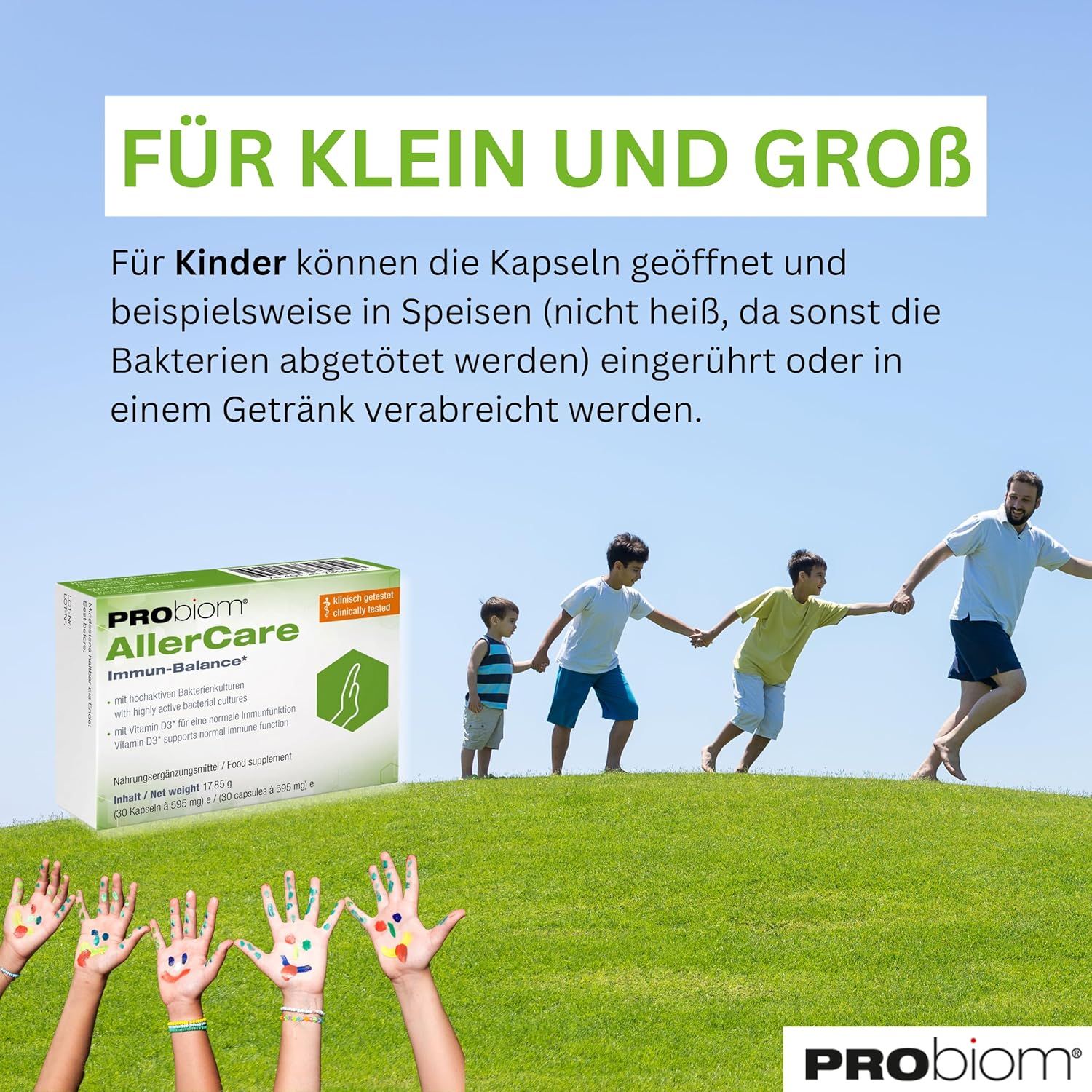 Kinder und Erwachsene laufen auf einer Wiese. Probiom AllerCare-Packung. Text: Für Klein und Groß.