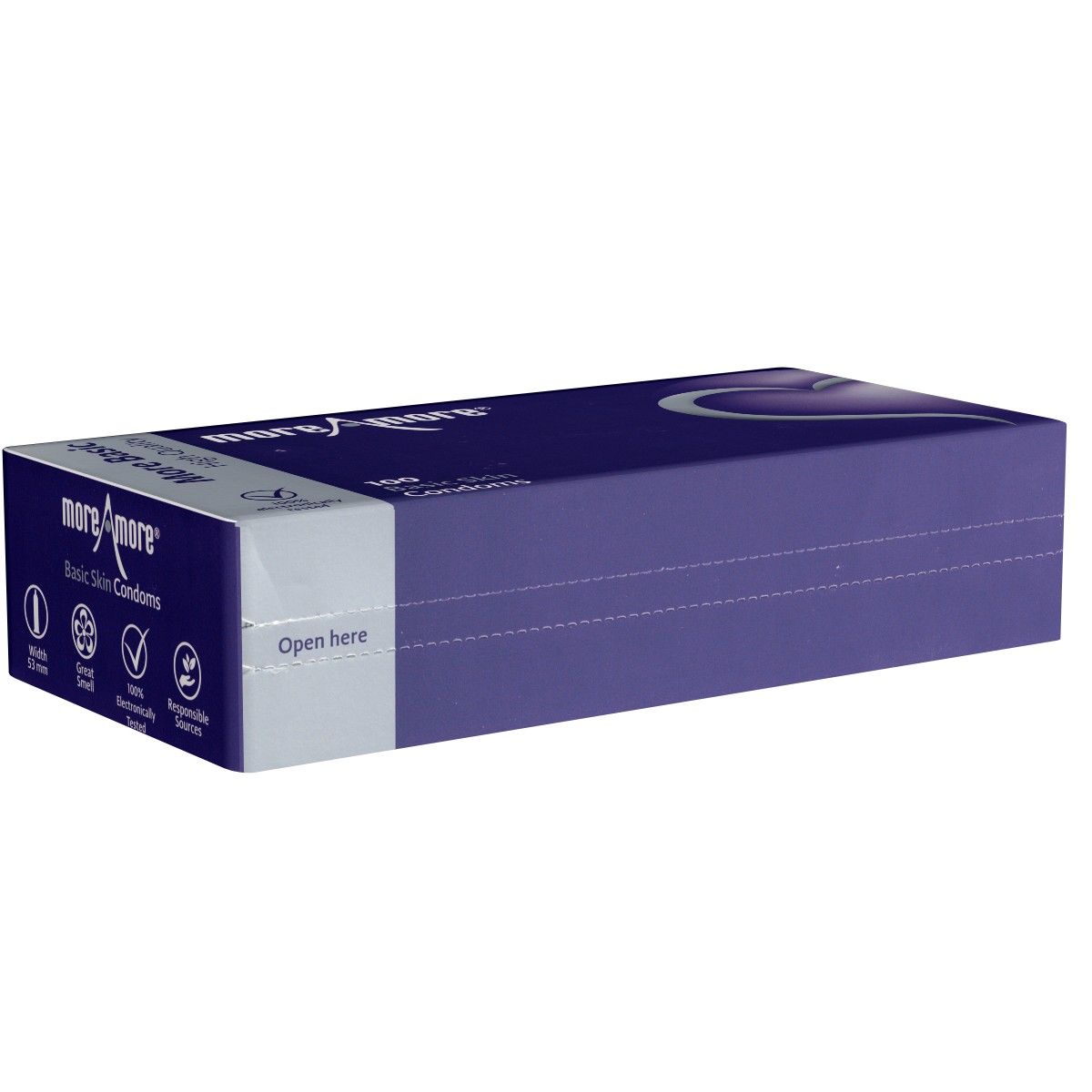 Violette Schachtel mit Produktnamen More Amore und Basic Skin Condoms. Aufschrift "Open here".