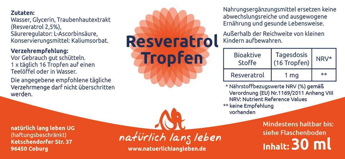 Etikett mit Produktinformationen. Enthält Zutaten, Dosierung, und Herstellerangaben. Der Name des Produkts ist Resveratrol Tropfen.